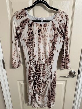Jennifer Lopez Ruched Leopard Print 3/4 Sleeve Midi Dress, Cream W Brown, Sz M